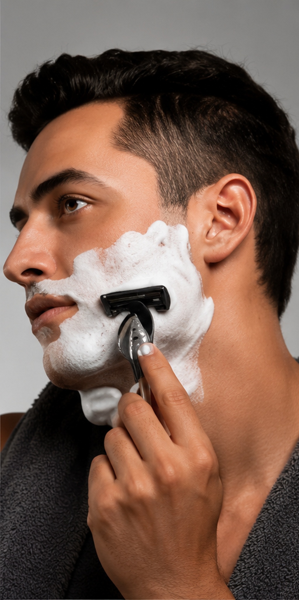 Man shaving his face with a razor and shaving foam
