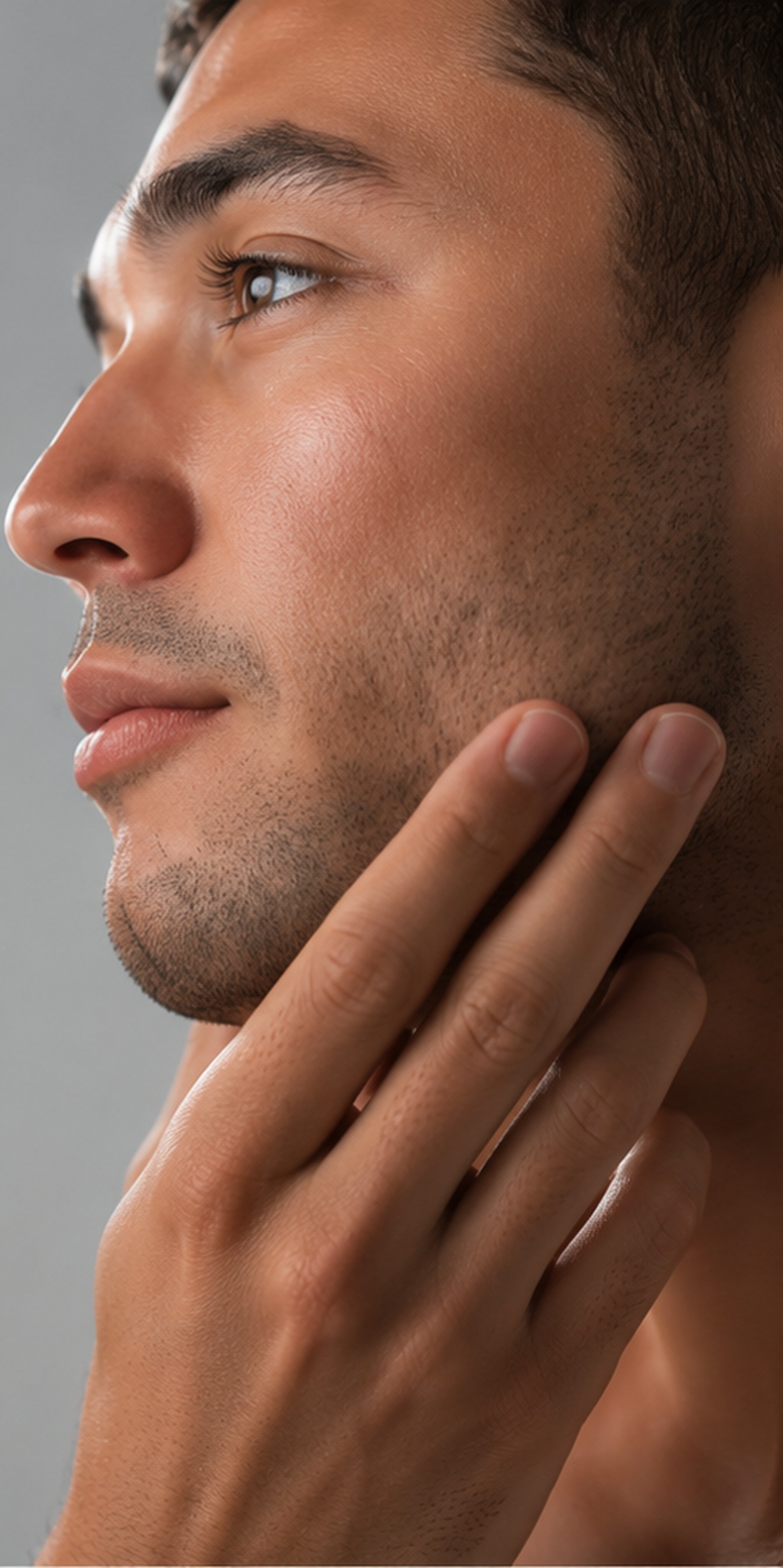 Close-up of a man touching his smooth, freshly shaved cheek