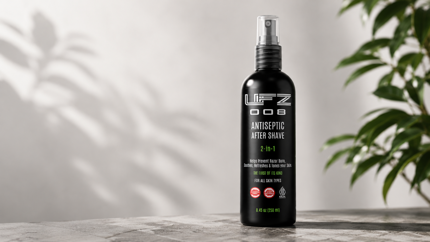 UFZ 008 antiseptic after shave bottle on a stone surface beside a plant